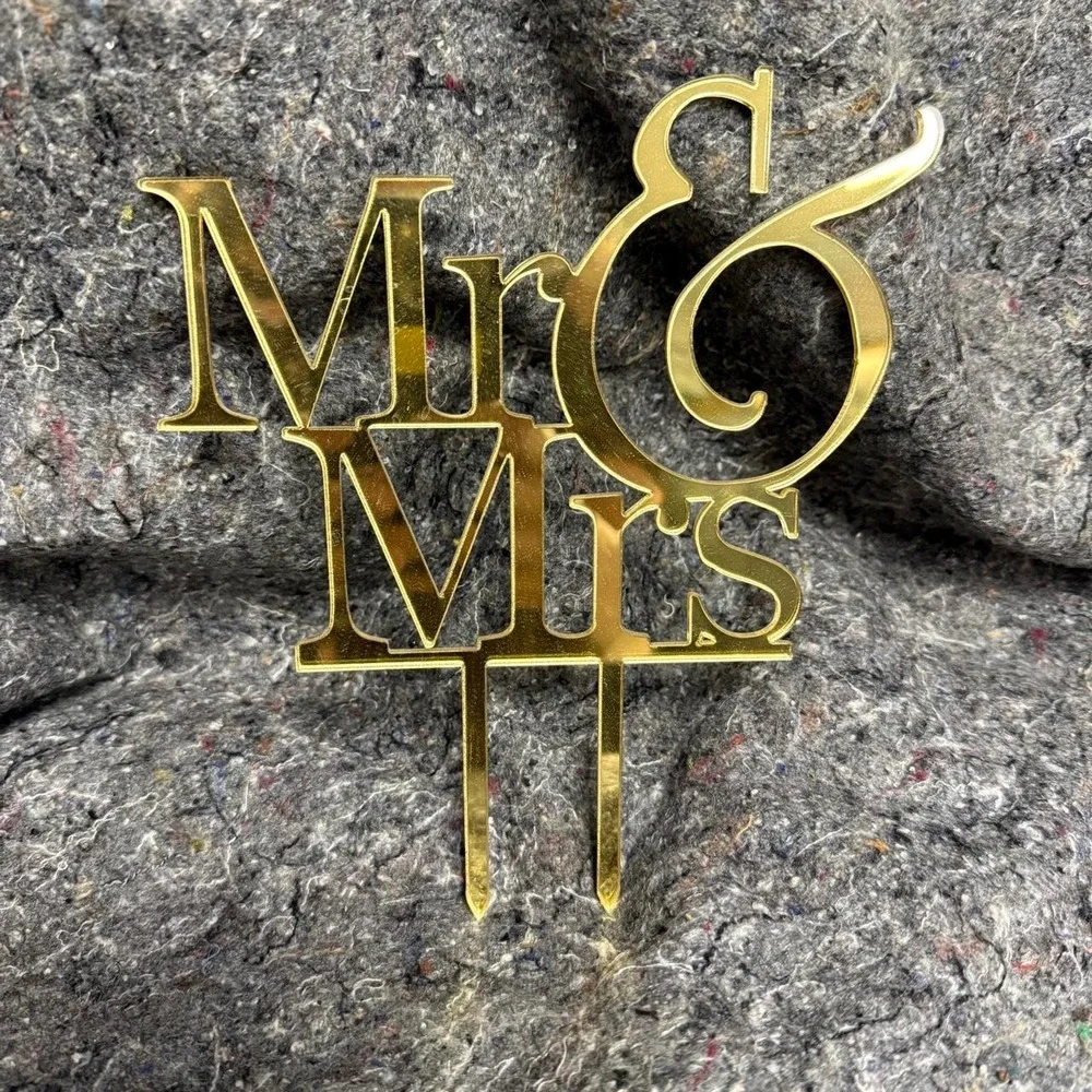 Gold Mr & Mrs Cake Topper Wedding Anniversary Party Decoration Acrylic Mirror